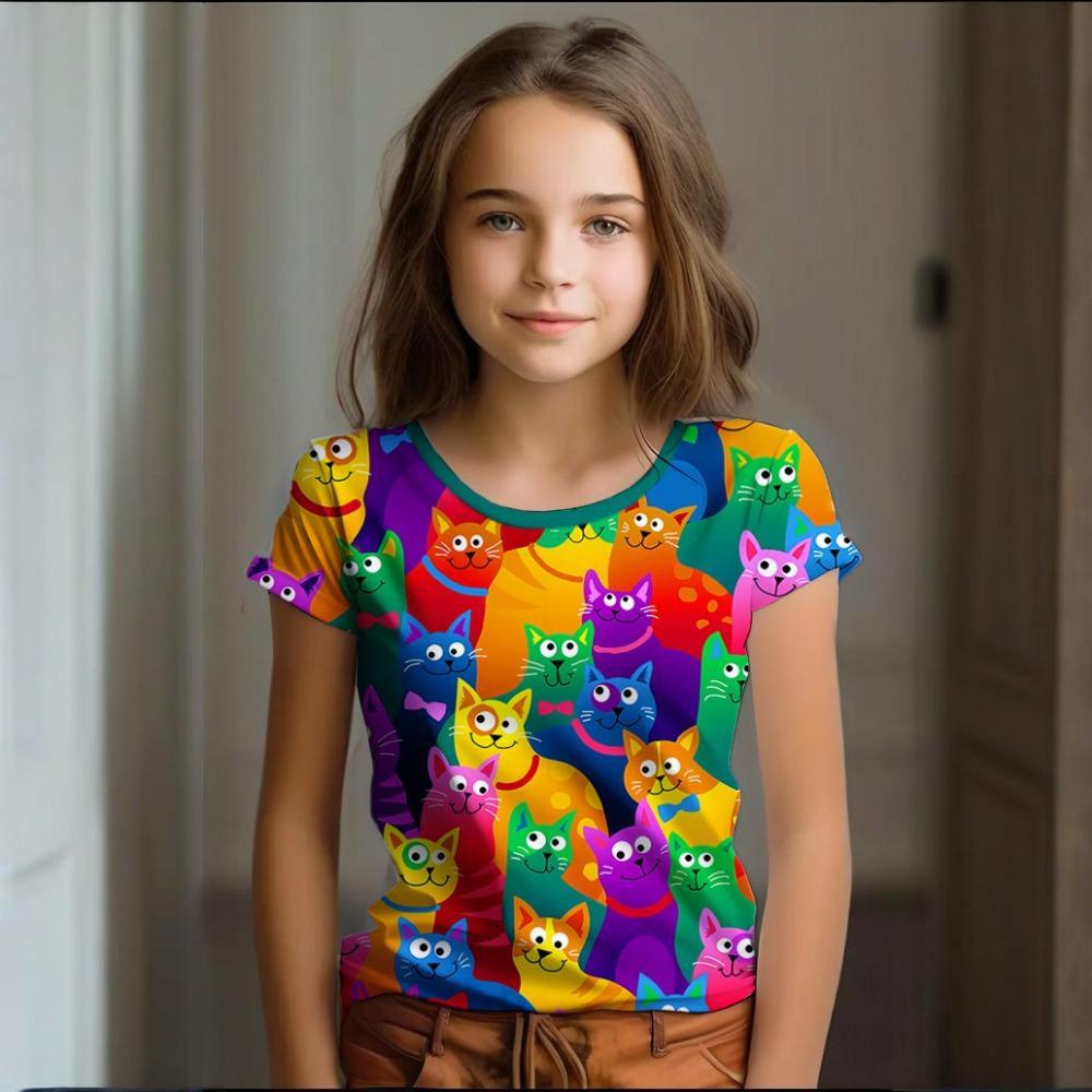 Девочка Одежда Лето Мультяшный Кот Графика Детская Одежда Рисование Короткий Рукав Круглый Вырез Топ
