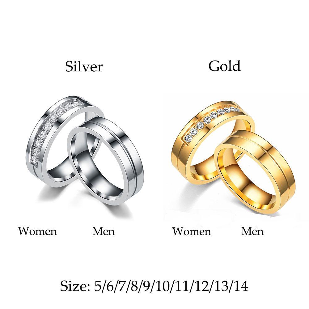 Cubic Zirconia AAA CZ Golden Silver 18K Gold Plated Stainless Steel Wedding Band Ring Couples Ring