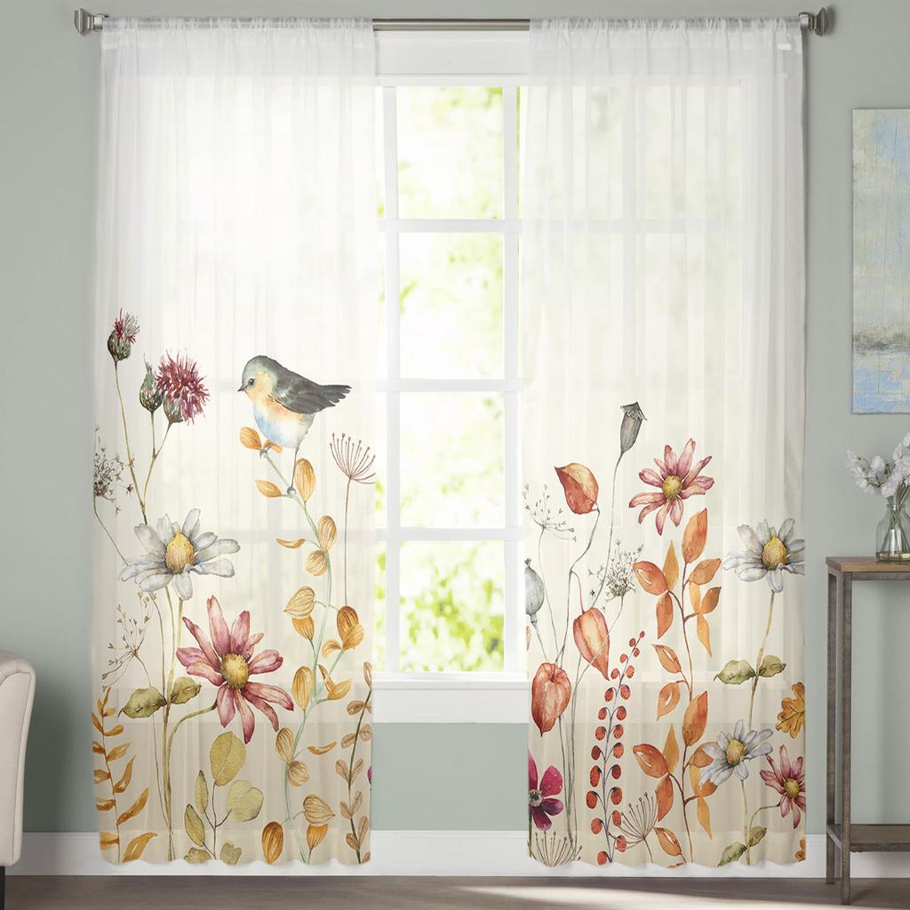 Осенние растения полевые цветы маргаритки птицы тюль занавески на окна прозрачные балдахины занавески для гостиной украшения дома драпировка панель
