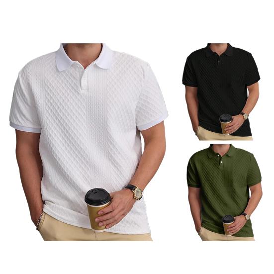 Мужские топы с лацканами, короткими рукавами, однотонная футболка с жаккардовым декором, однотонные топы из жаккардовой ткани