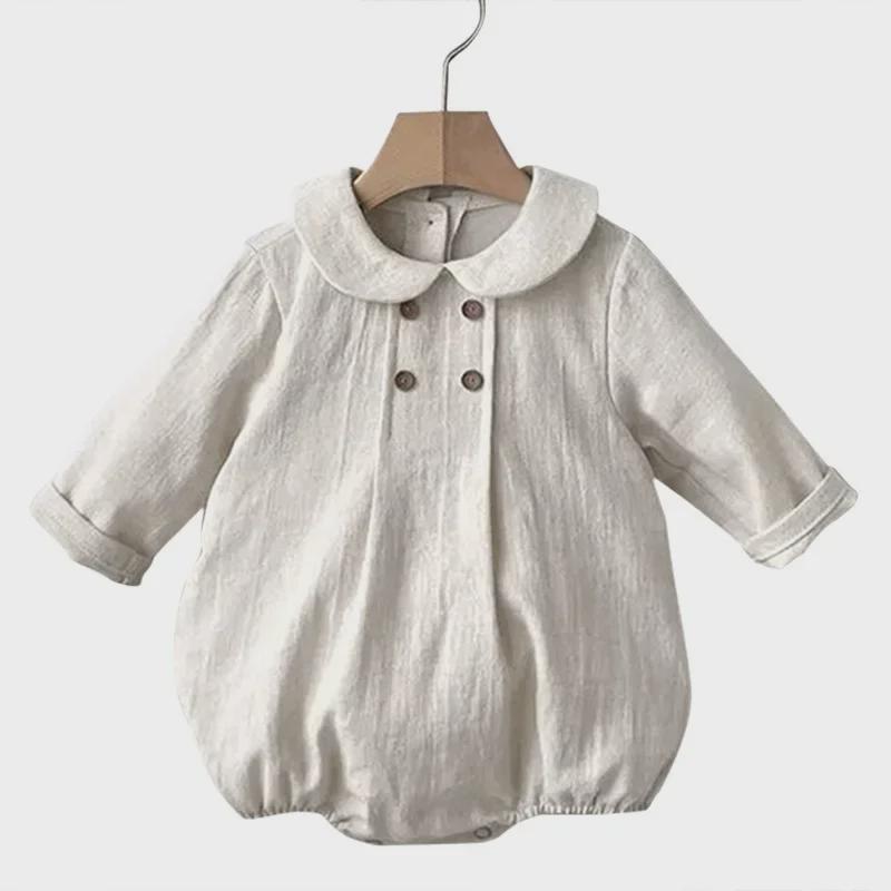 Autumn Linen Double-Breasted College Style Long-Sleeve Bodysuit for Babies