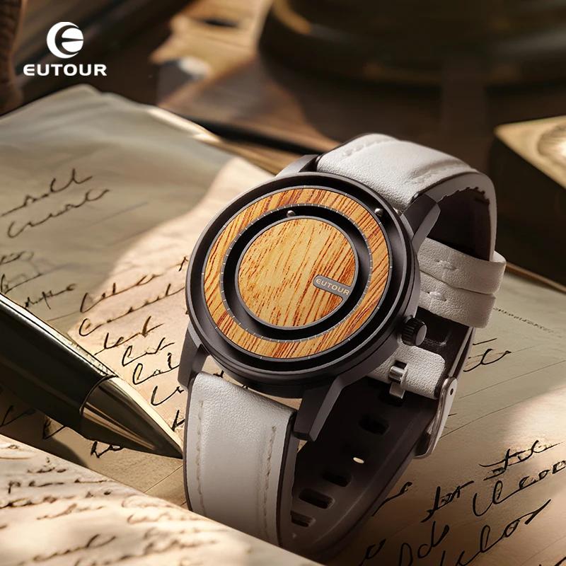 AUQ1 EUTOUR-Унисекс Магнитные Бусины Часы, Часы с Деревянным Элементом Дизайна, Ремешок из ПУ Кожи, Уникальный Дизайн Стрелок, Часы в Стиле Business Casual