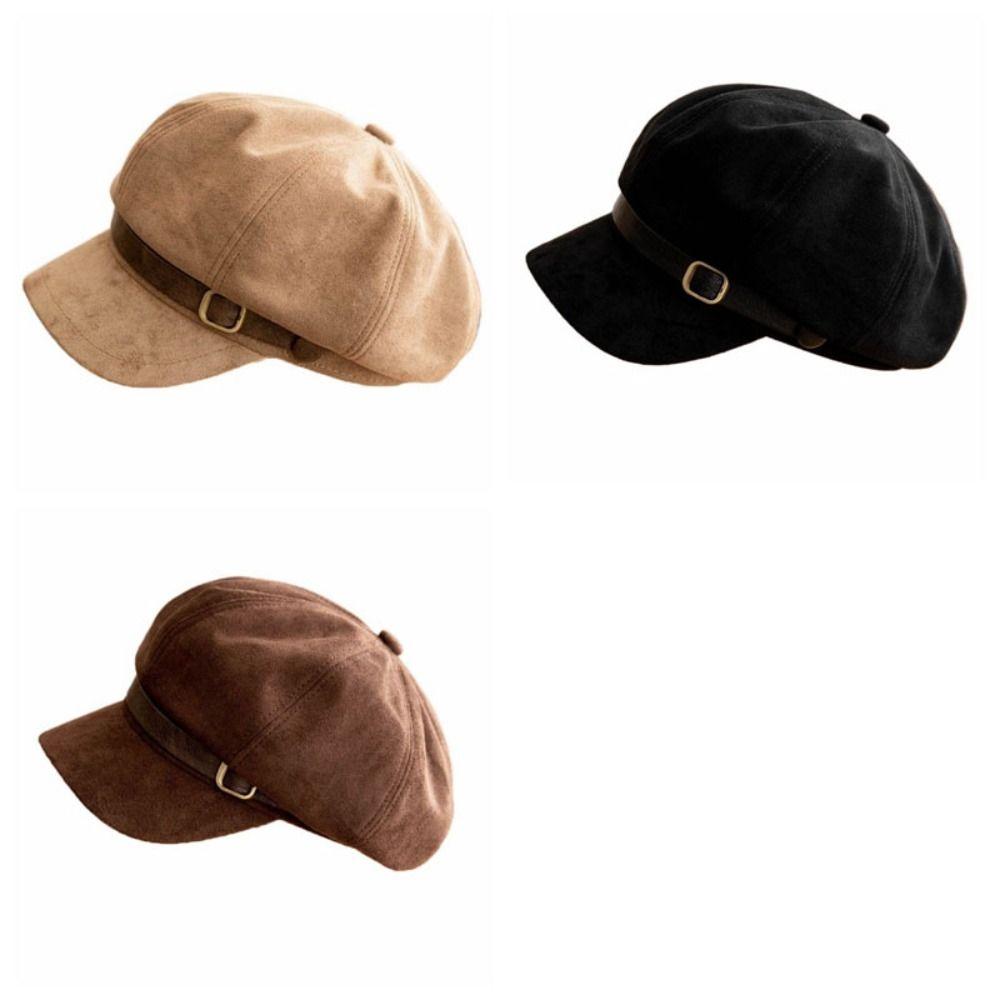 Warm Newsboy Hat Flat Top Women Octagonal Hat Casual Suede Berets Autumn Winter