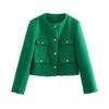 Women Green Tweed Skirts Faldas Mujer Zipper O Neck Solid Solid Female Mini Skirt Sets