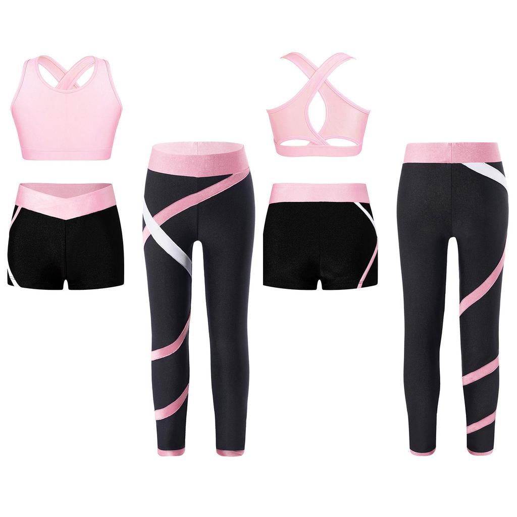 Kids 3 Piece Dance Outfit Tracksuit Girls Cross Nack Tank Sport Bra with Yoga Pants Leggings Ballet Shorts Set