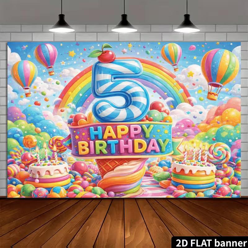 2D Sweet Candy 5th Birthday Backdrop, Rainbow Cake Lollipop Photography Background Banner