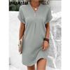 Летнее женское платье с V-образным вырезом на пуговицах с коротким рукавом, свободный однотонный пуловер, повседневная одежда, мини-платье