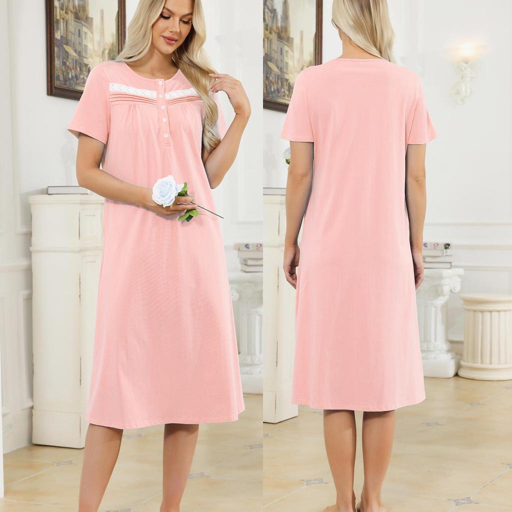 Женские ночные сорочки Хлопковые с квадратным вырезом и короткими рукавами Ночные рубашки Удобные Повседневные Летние Осенние Пижамы Домашняя одежда