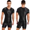 Mens One Piece Swimsuit Short Sleeve Zipper Jumpsuit Glossy Stretchy Round Neck Sport Fitness Swimming Suit