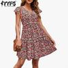 Women's Fashion Summer Spring Flower Pattern Print Short Sleeve V-Neck Middle Waistline Casual Dresses