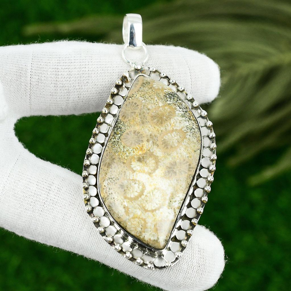 Свадебный подарок для нее Подвеска из стерлингового серебра 925 пробы с натуральным ископаемым кораллом