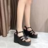 Fashion 11CM Black Platform High Heels Sandals Woman Belt Buckle Chunky Heeled Sandals Punk Gladiator Shoes Summer Wedges Block Shoes
