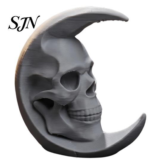 Interior Gothic Decor 3D Printed Skull Moon Figurine, Crescent and Bone Texture Ornaments Sculpture, Vintage Desktop Statue for Halloween Desk