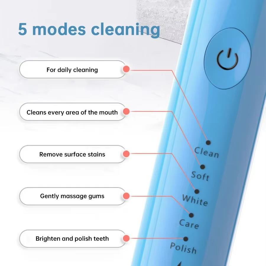 Electric Sonic Toothbrush 5 Speed Mode Soft Hair USB Rechargeable Waterproof Ultrasonic Whitening Tooth Brushes Replacement Head