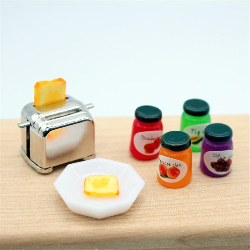 Highly Detailed Miniature Toaster with Jams Model Set Kitchen Scene Display Accessory for 1/12 Dollhouses Decoration