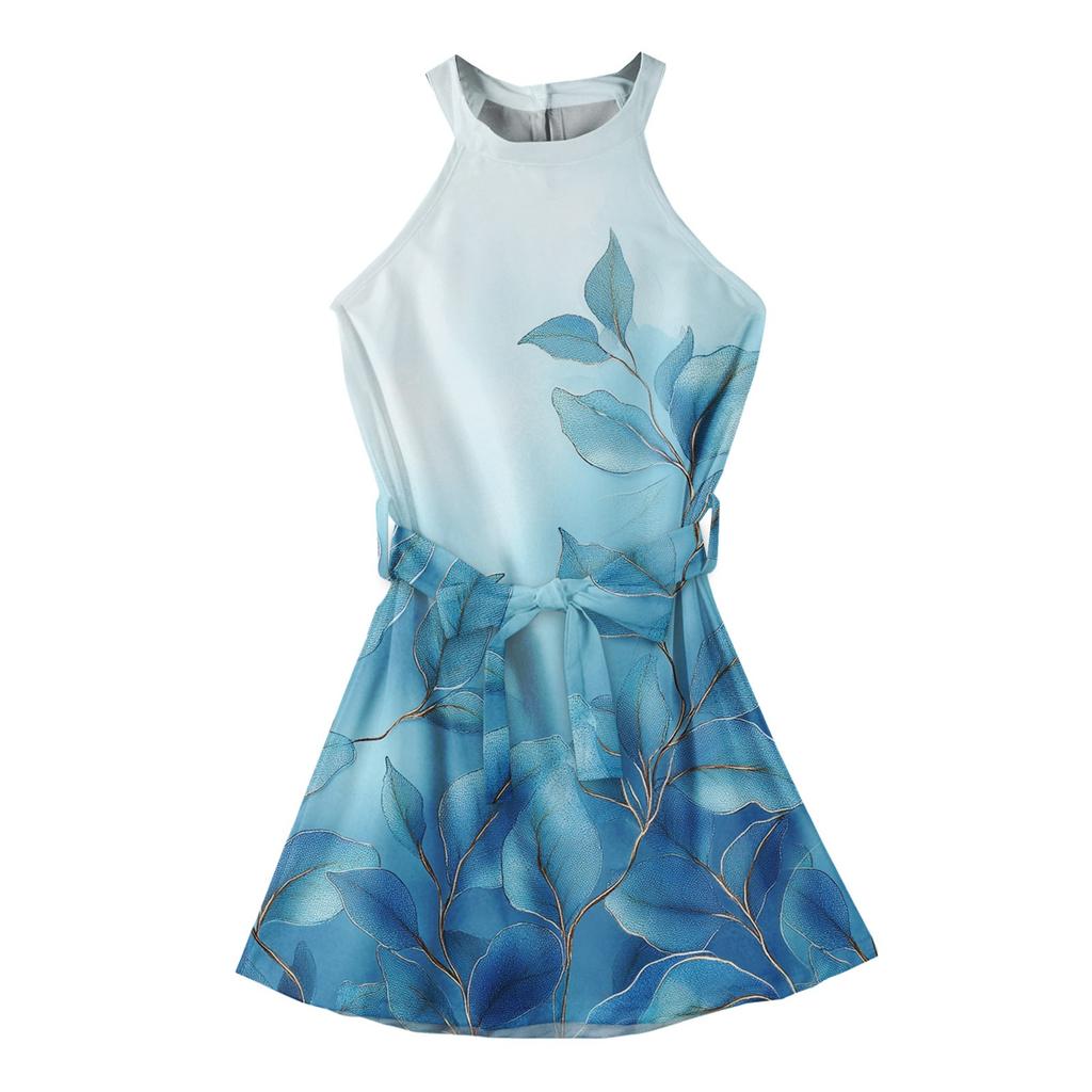 Летнее платье для девочек Платье без рукавов на бретельках Однотонное платье без рукавов с принтом Повседневное платье