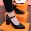 Fashion Large Size Chunky Heel Leather Shoes 2024 Spring Autumn Pointed Black Shallow Mouth Shoes Women's Fashion Pumps Shoes for Women