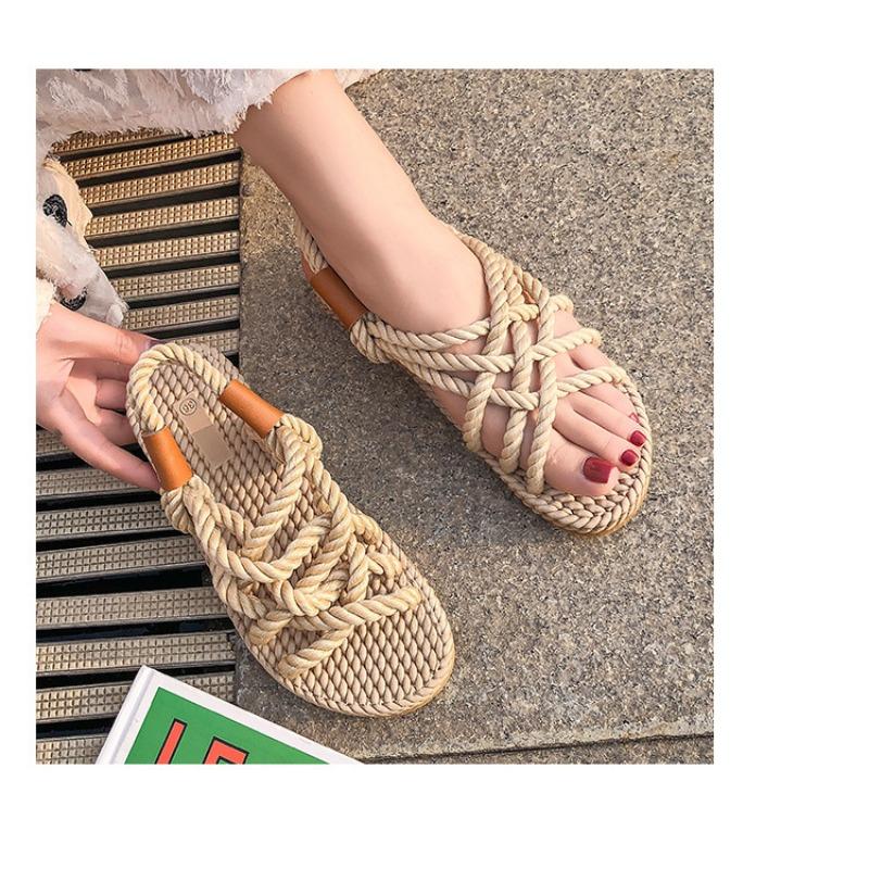 Сандалии женские с плоской подошвой из пеньковой веревки с перекрестными ремешками женские туфли с открытым носком повседневные пляжные сандалии