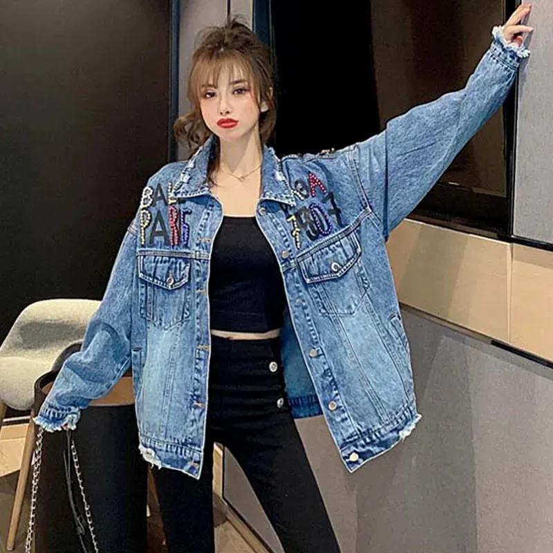 Женская джинсовая куртка с принтом в виде медведя, украшенная бисером, пальто, женская повседневная джинсовая куртка с открытыми дырками, верхняя одежда