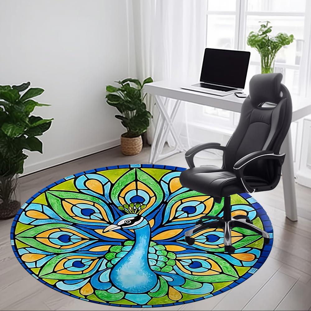 1pc Peacock Stained Glass Office Round Rug, Non-slip, Soft and Durable Office Rug for Interior Decoration, Perfect for Office,Decoration yy260204045