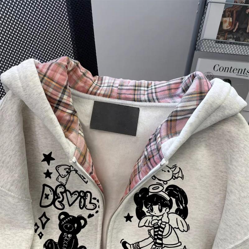 Unisex Vintage Letter Zipper Hoodie Soft Milk Silk Warm Fleece Lined Casual Pullover Men Women