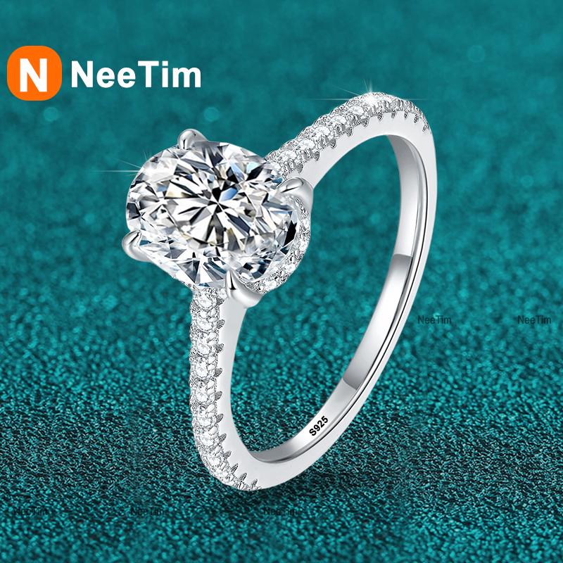 NeeTim 1ct 2ct 3ct Oval Cut Moissanite Rings for Women 925 Silver Lab Diamond Wedding Engagement Ring Gemstone Band