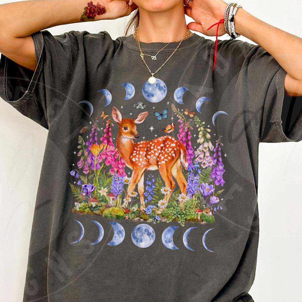 Comfort Colors Moonphase Cottagecore Deer Shirt and kids tshirt : Celestial Fairytale Aesthetic Whimsical Nature Tee