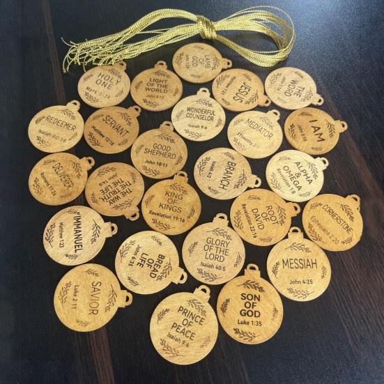 Yousheng 25Pcs Names of Jesus Ornaments Wooden Christmas Tree Decoration Name of Jesus Advent Hanging Sign for Tree Window Door Car Church Decor