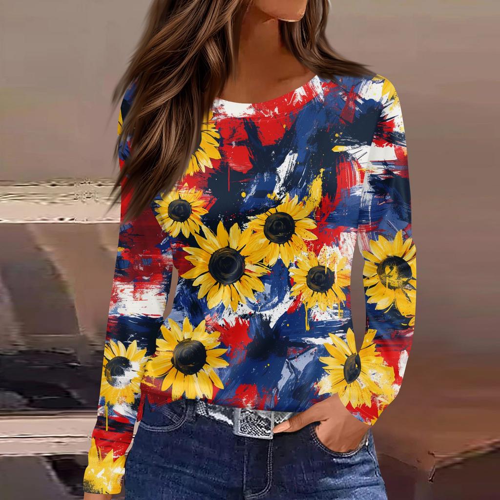 Women's Fashion Slit Hem Independence Day Printed Round Neck Long Sleeve Top