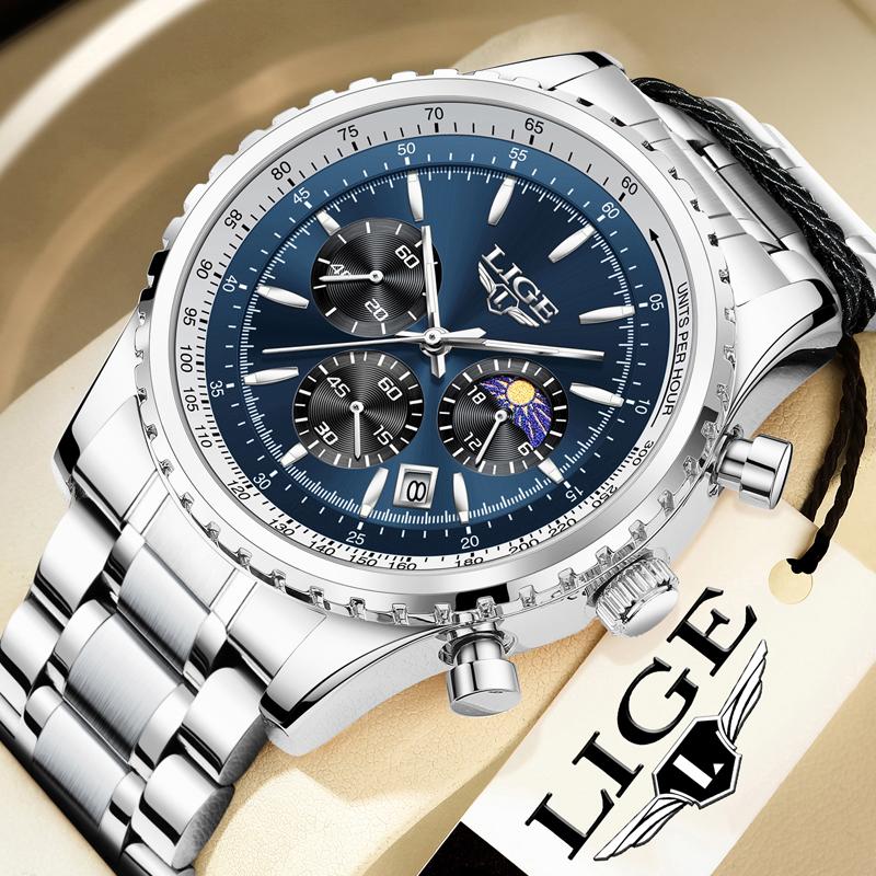 LIGE Luxury Classic Quartz Man Watch Fashion 24H Moon Phase Steel Band Casual Sports Waterproof Luminous Auto Date Men's Watches