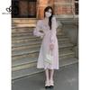 New French Style Retro Sweet Dress Chic Lace Stitching Design Sense Lace Waistline Slimming Pink Elegant Long Dress