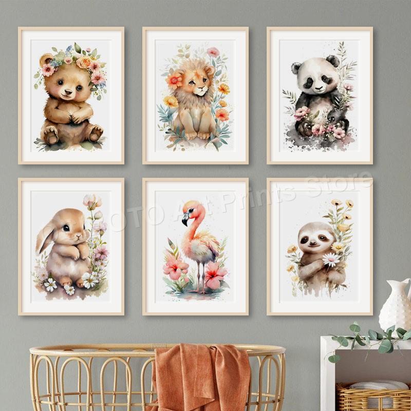 Акварельные Животные Полевой Цветок Лев Кролик Медведь Панда Корова Фламинго Постеры Настенное Искусство Холст Принты Картина Декор Детской Комнаты