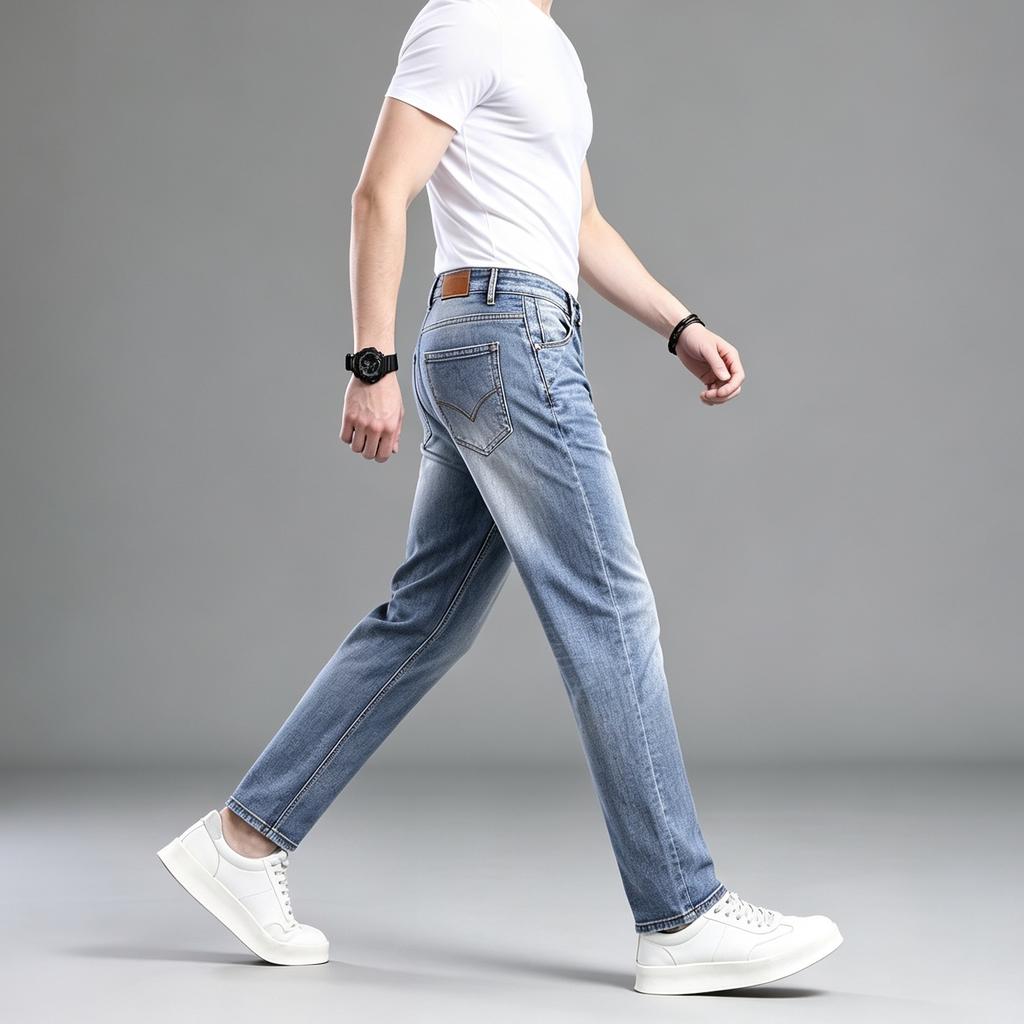 Men’s Stretch Slim-Fit Casual Straight-Leg Light Blue Denim Trousers