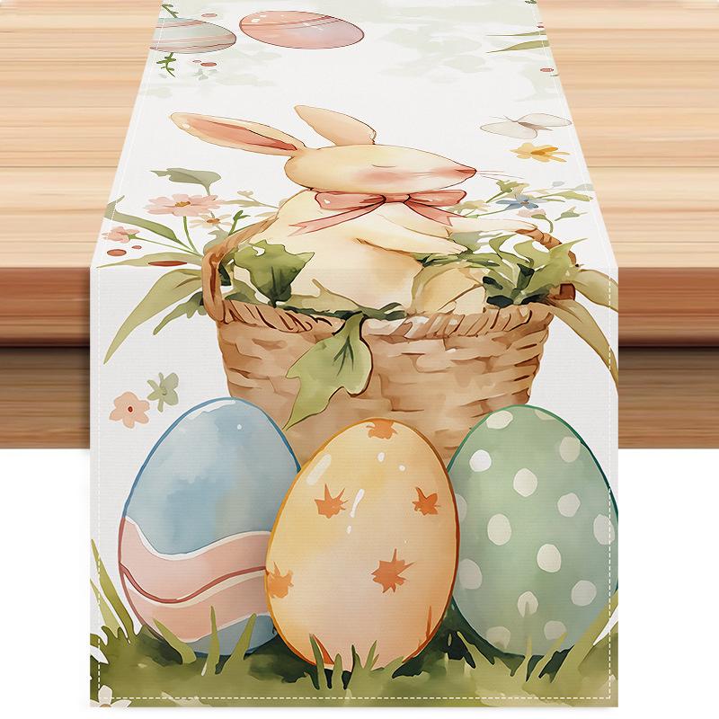 Easter Bunny Eggs Linen Table Runner Washable Bunny Dining Table Cloth Placemat