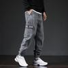 Мужские брюки-карго, свободные однотонные брюки с несколькими карманами, эластичные брюки со средней талией в стиле ретро, ​​мягкая дышащая уличная одежда больших размеров, мужские брюки больших размеров