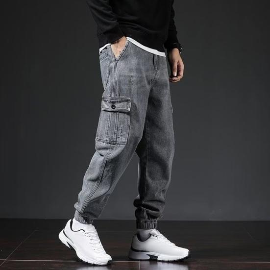 Мужские брюки-карго, свободные однотонные брюки с несколькими карманами, эластичные брюки со средней талией в стиле ретро, ​​мягкая дышащая уличная одежда больших размеров, мужские брюки больших размеров