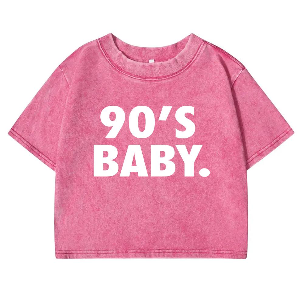 90'S Baby.Letter Prints T-Shirts Women Washed Retro O-Neck Tee Shirtcotton Soft Short Sleeve Street Top