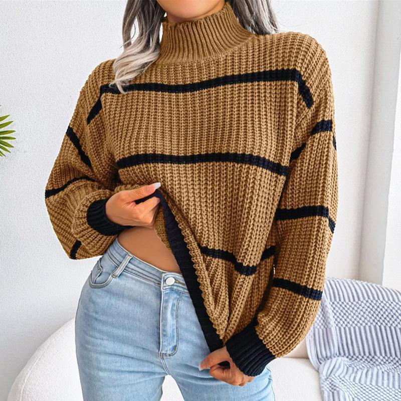 Повседневный полосатый свитер, женский свободный вязаный топ с рукавами-фонариками, полуводолазка