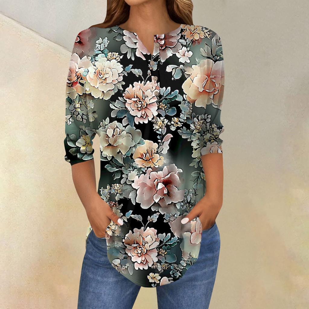 Женская свободная футболка с воротником на пуговицах и винтажным цветочным принтом, рукав три четверти
