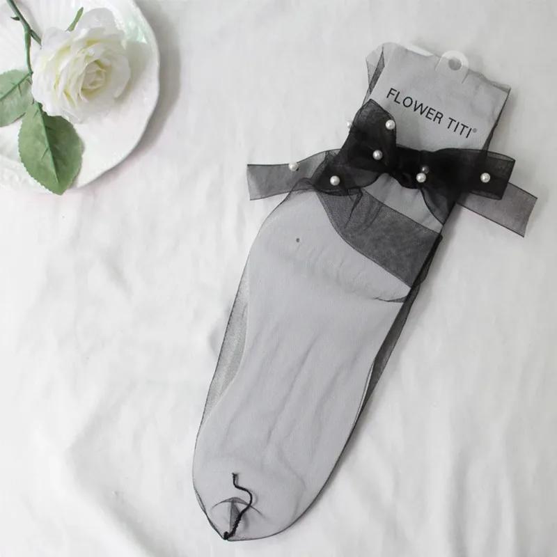 Summer Ultra-Thin Tulle Socks Women Transparent Pearls Long Socks Female Chiffon Lace Up Funny Socks Streetwear