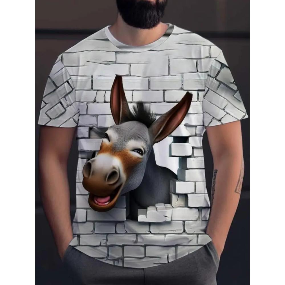 Men's Fun Cartoon Donkey Print Short Sleeve Cute Round Neck T-Shirt, Lightweight Quick-Dry Spring and Summer Travel Beach Top