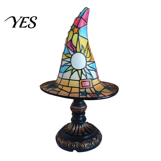 Halloween Nightstand Lamp Stained Glass Witch Hat Lamp, USB Powered Night Light for Bedroom Shelf Cozy Lighting Decor, Warm Glow Gothic Table