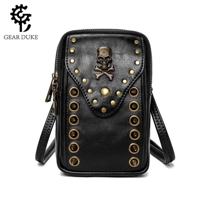 Womens Small PU Crossbody Bag With Skull Studs Phone Pocket Vertical Square Shape Daily Use