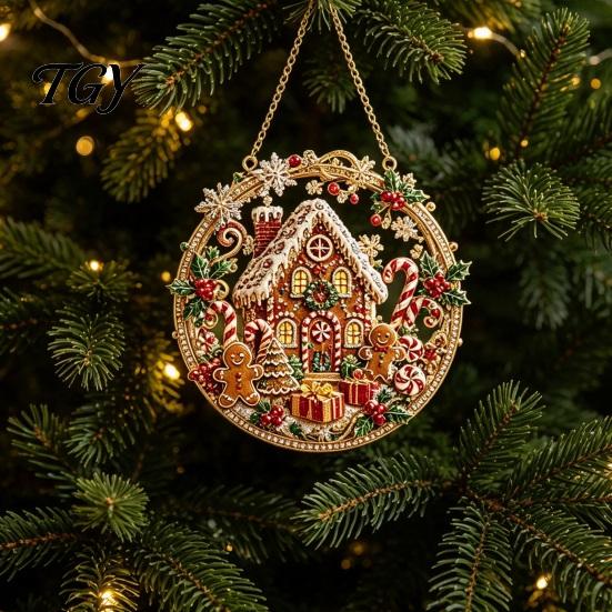 Christmas Tree Decorations Rhinestone Painting Suncatcher Kit, Round DIY Hanging Decor Indoor Outdoor Festive for Home, Craft Pendant Holiday