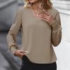 Women Autumn Spring Fashion Lantern Sleeve  V Neck  Solid Color T Shirt Blouse Top