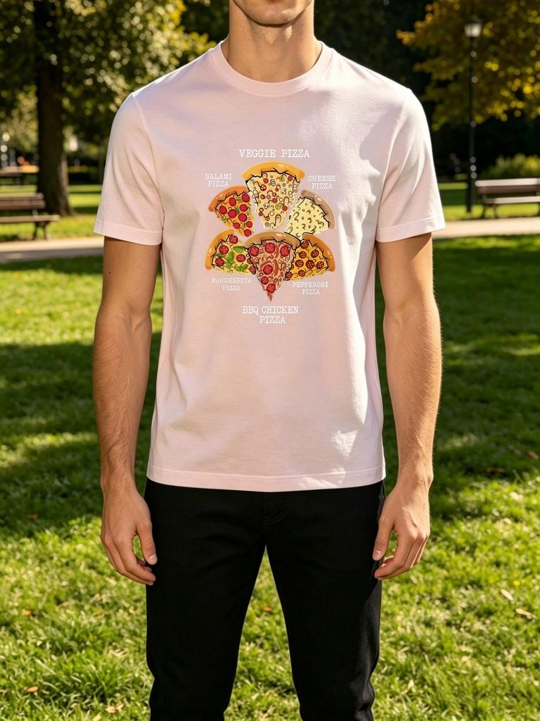 Delicious Pizza Slices Category Label Text Front Graphic Print Unisexs Crew Neck Short Sleeve Tee Casual Daily Soft Basic Wear Top