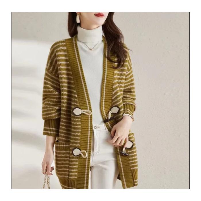 Женский свободный полосатый вязаный кардиган 2023 года — свитер в корейском стиле на осень/зиму