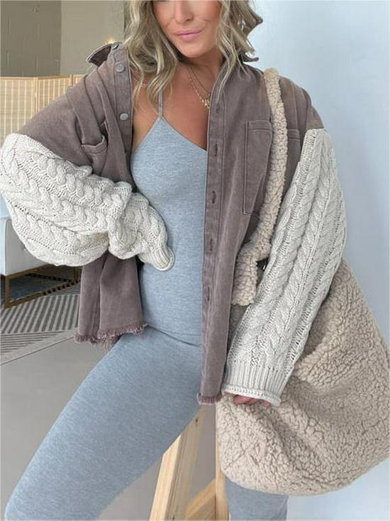 2023 Cross-Border Women's Patchwork Knit Sleeve Denim Wool Jacket
