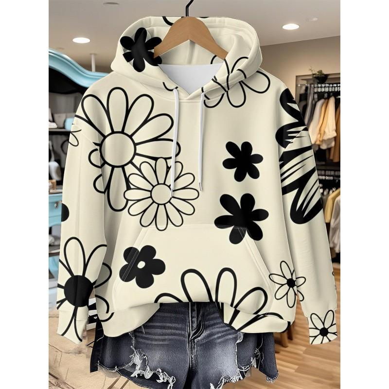 Womens Oversized Hooded Long Sleeve Sweatshirt With Floral Plaid Print Comfortable Breathable Casual Top