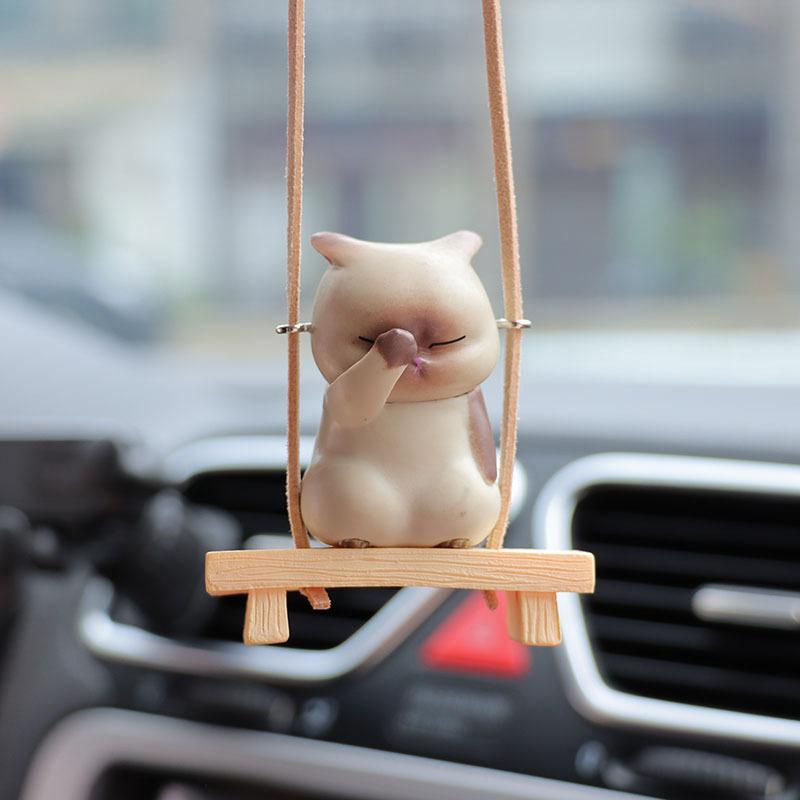 Creative Cartoon Cat Sitting On Stool Swing Car Pendant Car Rearview Mirror Decoration Accessories Cute Funny